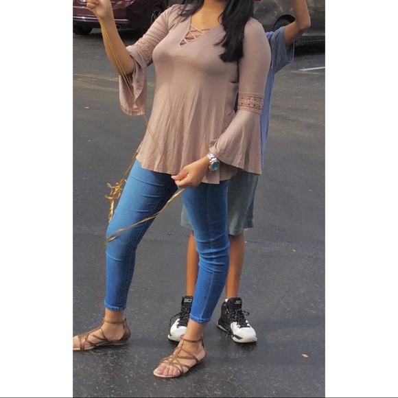 ROOMMATES Long Bell Sleeve Lace-Up Loose Top - Picture 2 of 4